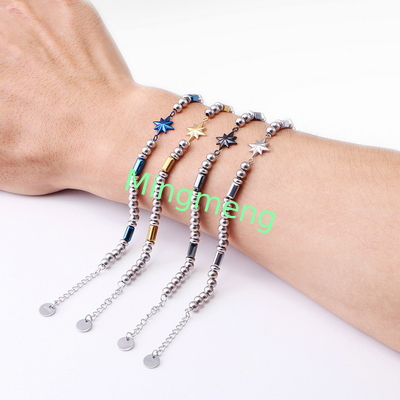 (Customizado) Brazalete masculino de acero inoxidable, estrella octogonal estilo persa de moda brazalete masculino de piedra negra