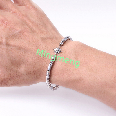 (Customizado) Brazalete masculino de acero inoxidable, estrella octogonal estilo persa de moda brazalete masculino de piedra negra