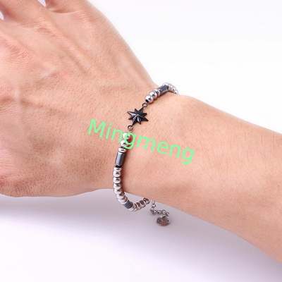 (Customizado) Brazalete masculino de acero inoxidable, estrella octogonal estilo persa de moda brazalete masculino de piedra negra