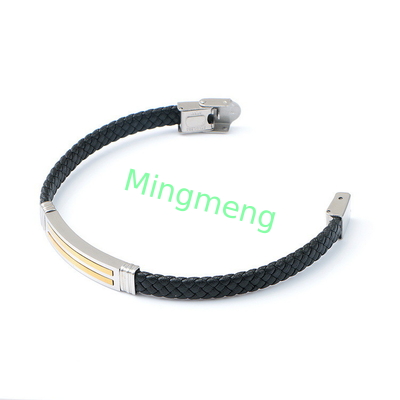 Brazalete de cuero de cuerda de moda retro de cuero tejido de acero inoxidable brazalete de hombre de moda