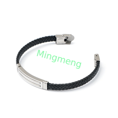 Brazalete de cuero de cuerda de moda retro de cuero tejido de acero inoxidable brazalete de hombre de moda
