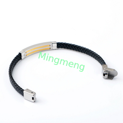 Brazalete de cuero de cuerda de moda retro de cuero tejido de acero inoxidable brazalete de hombre de moda