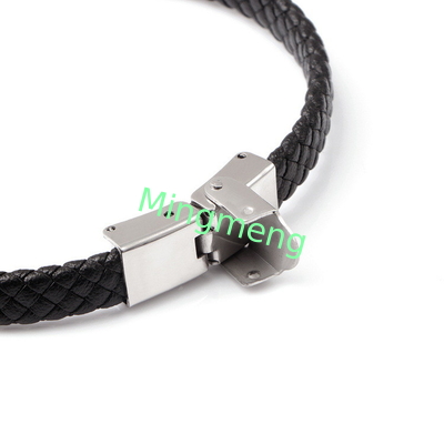 Brazalete de cuero de cuerda de moda retro de cuero tejido de acero inoxidable brazalete de hombre de moda