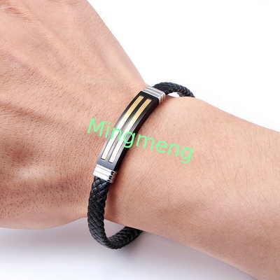 Brazalete de cuero de cuerda de moda retro de cuero tejido de acero inoxidable brazalete de hombre de moda