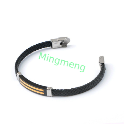 Brazalete de cuero de cuerda de moda retro de cuero tejido de acero inoxidable brazalete de hombre de moda