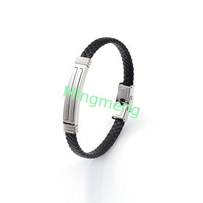 Brazalete de cuero de cuerda de moda retro de cuero tejido de acero inoxidable brazalete de hombre de moda