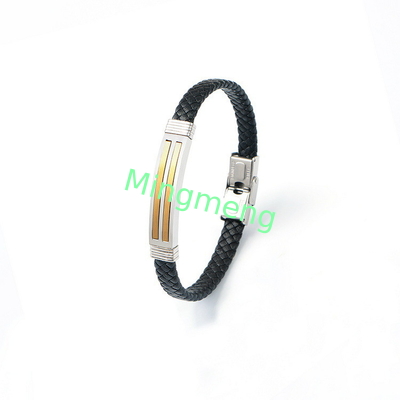 Brazalete de cuero de cuerda de moda retro de cuero tejido de acero inoxidable brazalete de hombre de moda