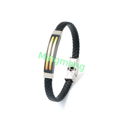 Brazalete de cuero de cuerda de moda retro de cuero tejido de acero inoxidable brazalete de hombre de moda