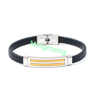 Brazalete de cuero de cuerda de moda retro de cuero tejido de acero inoxidable brazalete de hombre de moda
