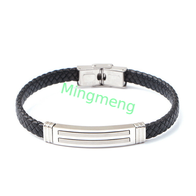 Brazalete de cuero de cuerda de moda retro de cuero tejido de acero inoxidable brazalete de hombre de moda