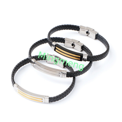 Brazalete de cuero de cuerda de moda retro de cuero tejido de acero inoxidable brazalete de hombre de moda