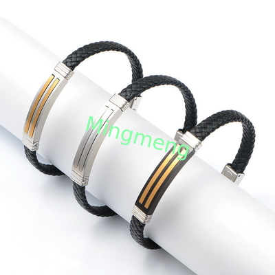 Brazalete de cuero de cuerda de moda retro de cuero tejido de acero inoxidable brazalete de hombre de moda