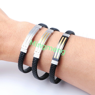 Brazalete de cuero de cuerda de moda retro de cuero tejido de acero inoxidable brazalete de hombre de moda