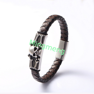 Esqueleto Cráneo Marrón Cuero Negro Personalidad Creativa Acero inoxidable Fundido Brazalete de cuero de moda Cráneo Punk Europeo y Americano Moda Accesorios de ropa de moda