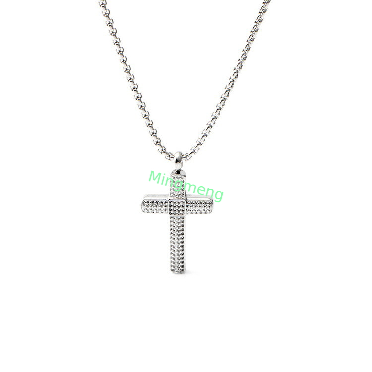 Collar de cruz de oro blanco de acero inoxidable con arreglo de diamantes frescos y collar de cruz de diamante completo