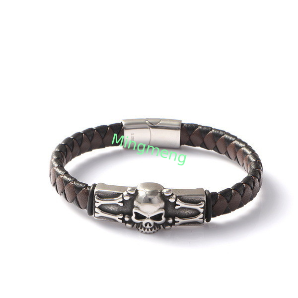 Esqueleto Cráneo Marrón Cuero Negro Personalidad Creativa Acero inoxidable Fundido Brazalete de cuero de moda Cráneo Punk Europeo y Americano Moda Accesorios de ropa de moda