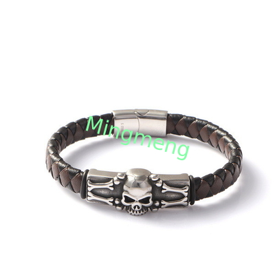 Esqueleto Cráneo Marrón Cuero Negro Personalidad Creativa Acero inoxidable Fundido Brazalete de cuero de moda Cráneo Punk Europeo y Americano Moda Accesorios de ropa de moda